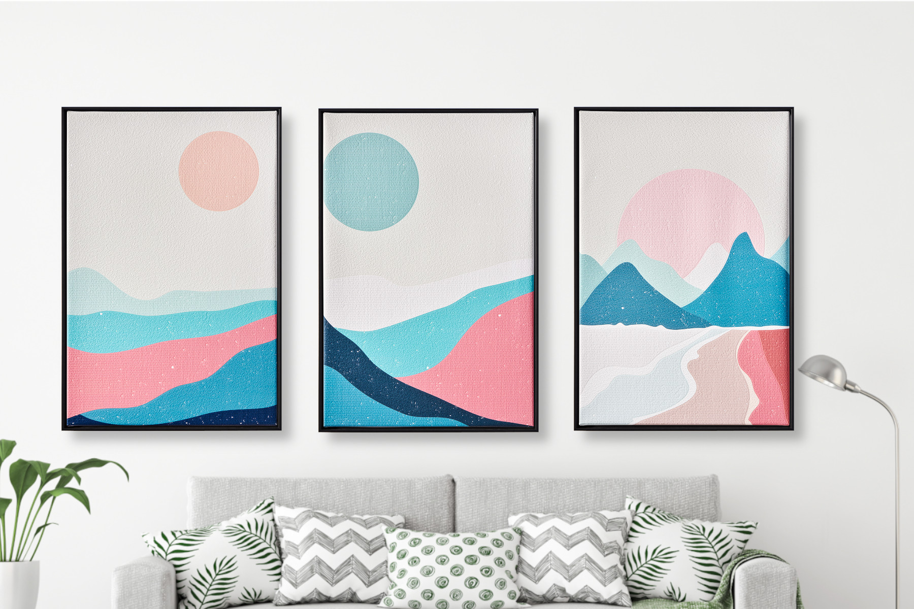 Pink Mountains 3er Set - Abstrakte Strukturleinwand          